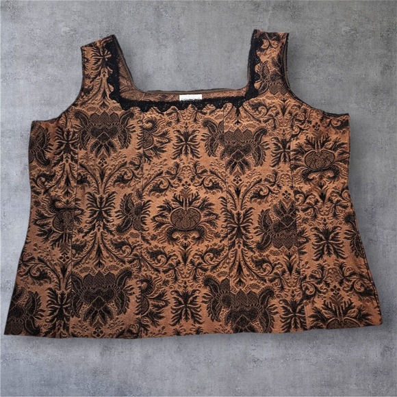 Vintage Coldwater Creek 3X Bustier Tank Top Bronze Brocade Lace Trim Square Neck - Picture 1 of 9